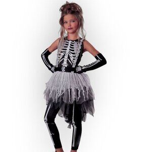 Ghostly Skeleton Girls Costume Black White Dress Leggings Child Size XL 14-16